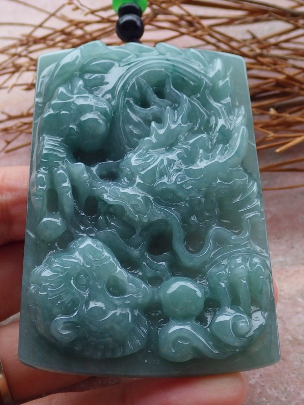 Certified Hand Carved Natural A Jade jadeite Dragon Tiger Ruyi Pendant Necklace